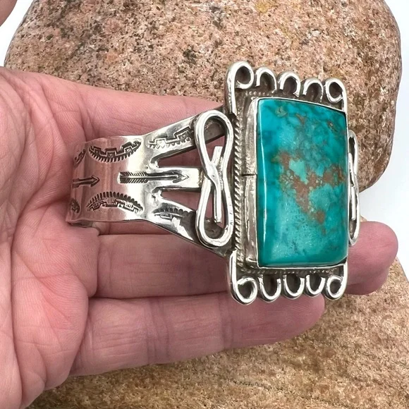 Navajo Fred Harvey Southwest Sterling Silver Natural Turquoise Cuff Bracelet 7" - Picture 5 of 8